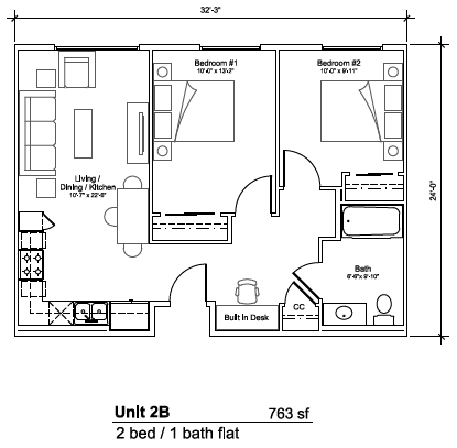 Floor plan for 2 beds, 1 bath, 763 sqft